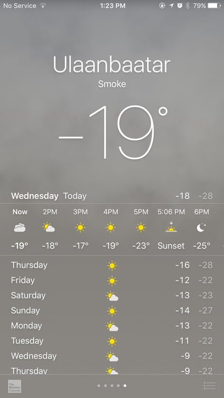 The capital of Mongolia, ulaanbaatar, is so polluted from people burning trash to stay warm, the weather forecast for today is "smoke"