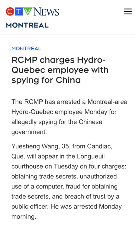 Chinese spy caught at Hydro-Quebec