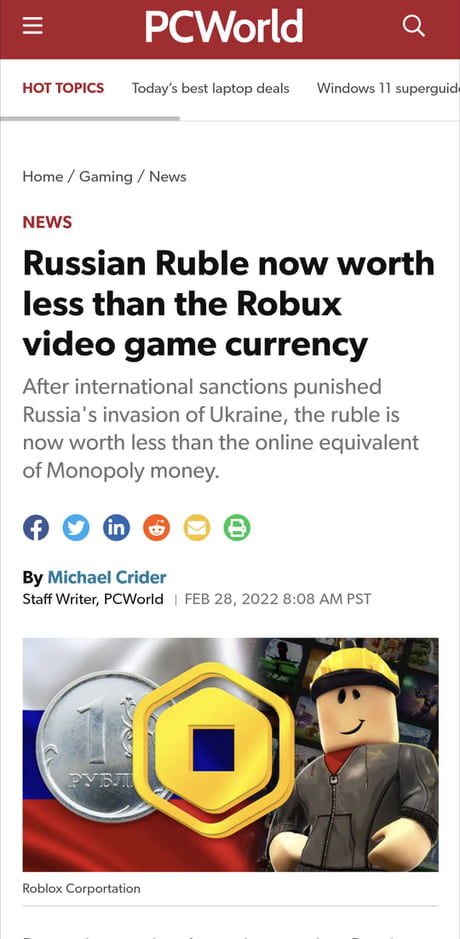 Russian Ruble now worth less than the Robux video game currency