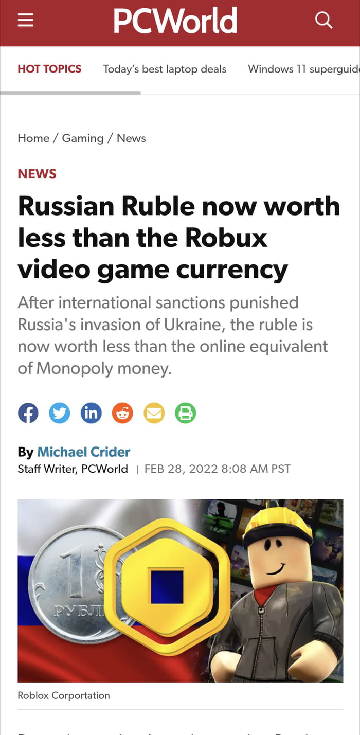 Robux worth more than Russian ruble due to sanctions - 9GAG