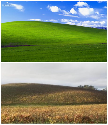 Windows XP wallpaper 'Bliss' - Then vs now - 9GAG