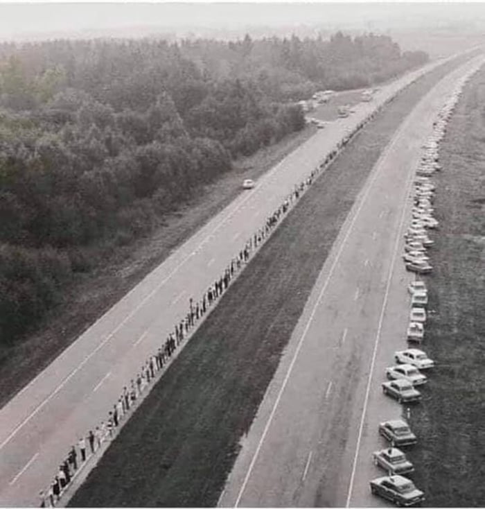 On August 23, 1989, about 2 million people from Latvia, Estonia & Lithuania formed a human chain stretching 600 km (373 miles), uniting all 3 countries. Known as the "Baltic Chain" they wanted to show the world their desire to escape the Soviet Union.