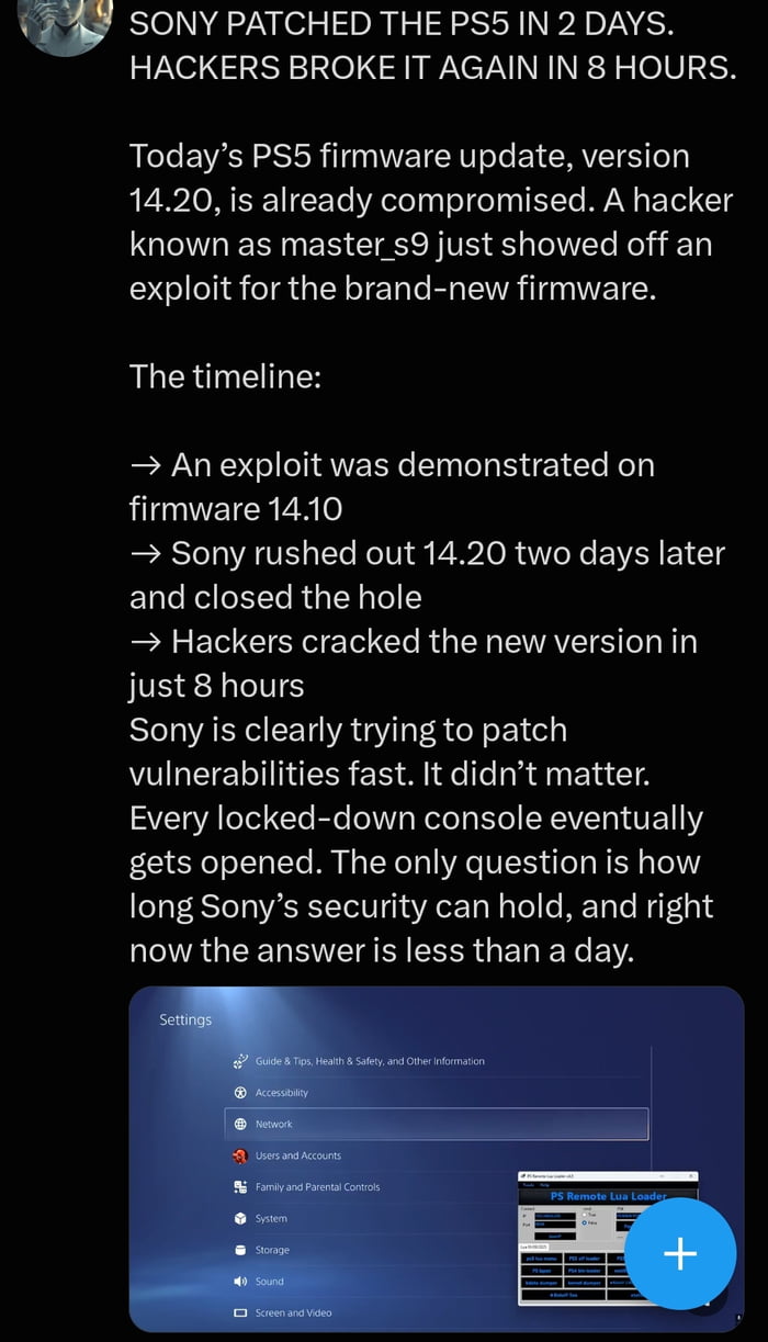 PS5 new version 14.20 jailbreaked again after just 8 hours. SONY released 14.20 after 14.10 version got jailbroken.