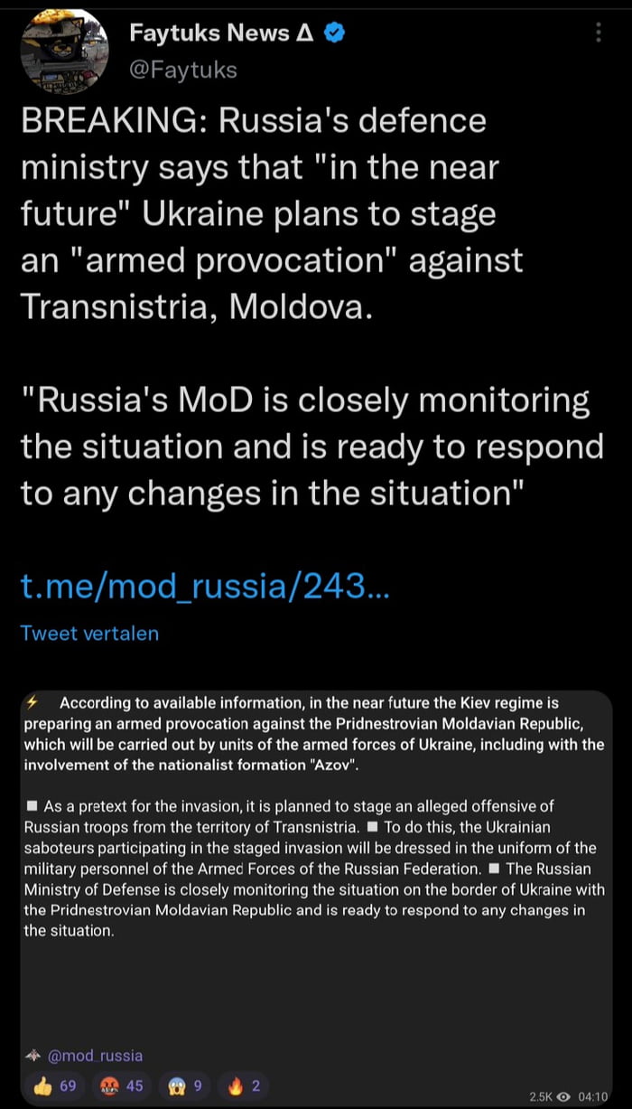 Looks like something is gonna happen with Transnistria soon. There were already rumors about Russia wanting to destabilize the Moldovan government. And this would give them an excuse to invade. "To protect it from the Ukrainians" why fail in 1 front,when you can fail in 2.