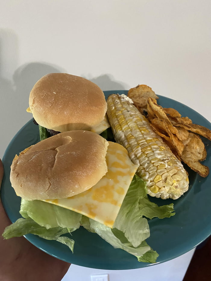 Grilled CAB burgers with home sliced lettuce tomato and pickle, Michigan Cherry BBQ chips, and