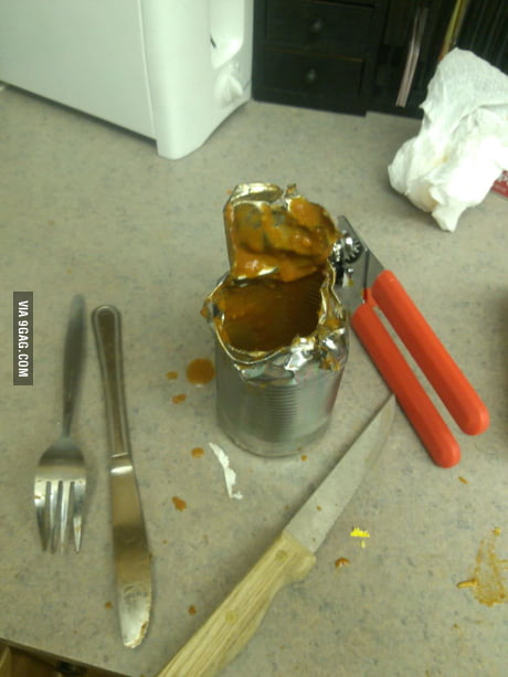 Result of a broken can opener, hunger, and desperation - 9GAG