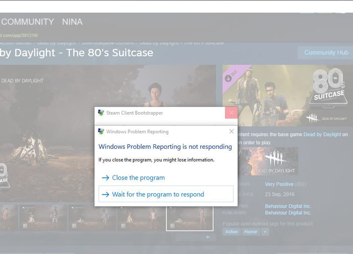 Steam crashed, so this window popped up reporting the Steam crash, but