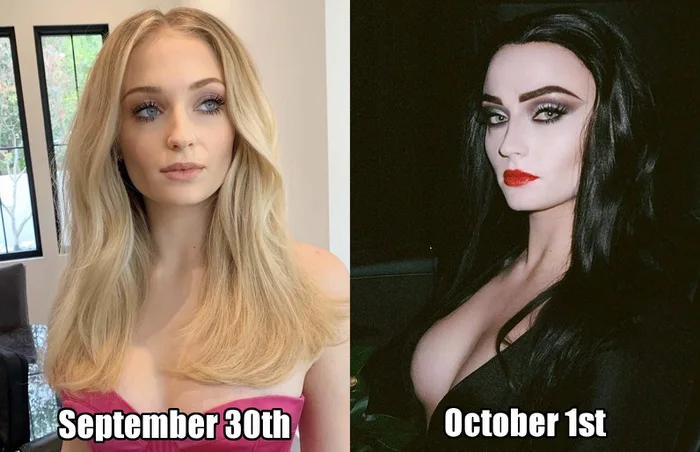 september 30th, blonde, october 1st, morticia, black hair, halloween