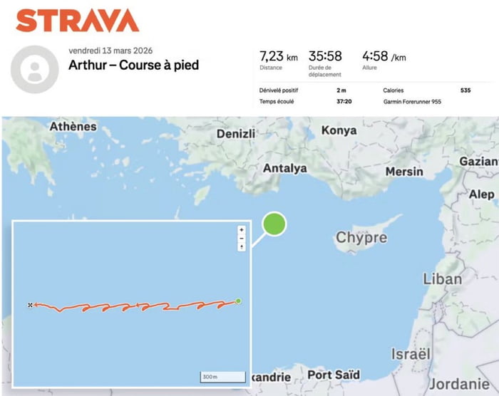 The french nuclear warship was going into the middle east in stealth mode with it's transponder off. But a french sailor accidentally shared the location with the fit app Strava