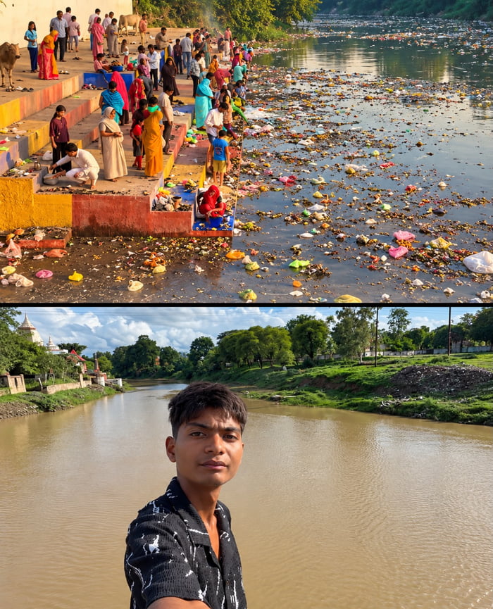 The guy in the bottom half of pic(bittu tabahi), single handedly cleaned the river in 8 months, and it took 1 festival for people to pollute it again.