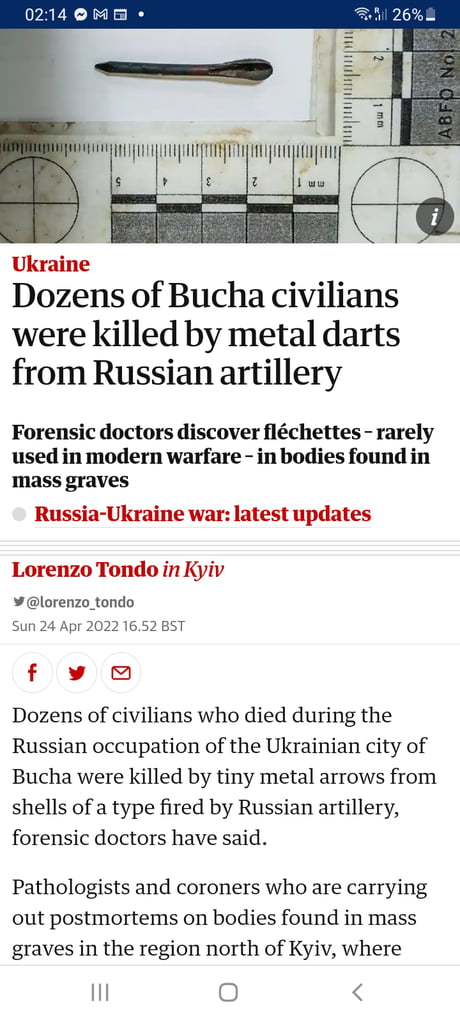 Metal arrows were found in the bodies of people in mass graves near Bucha and Irpen, writes The Guardian. Independent weapons experts who reviewed pictures, confirmed that they were fléchettes an anti-personnel weapon widely used during first world war... (source in comment)
