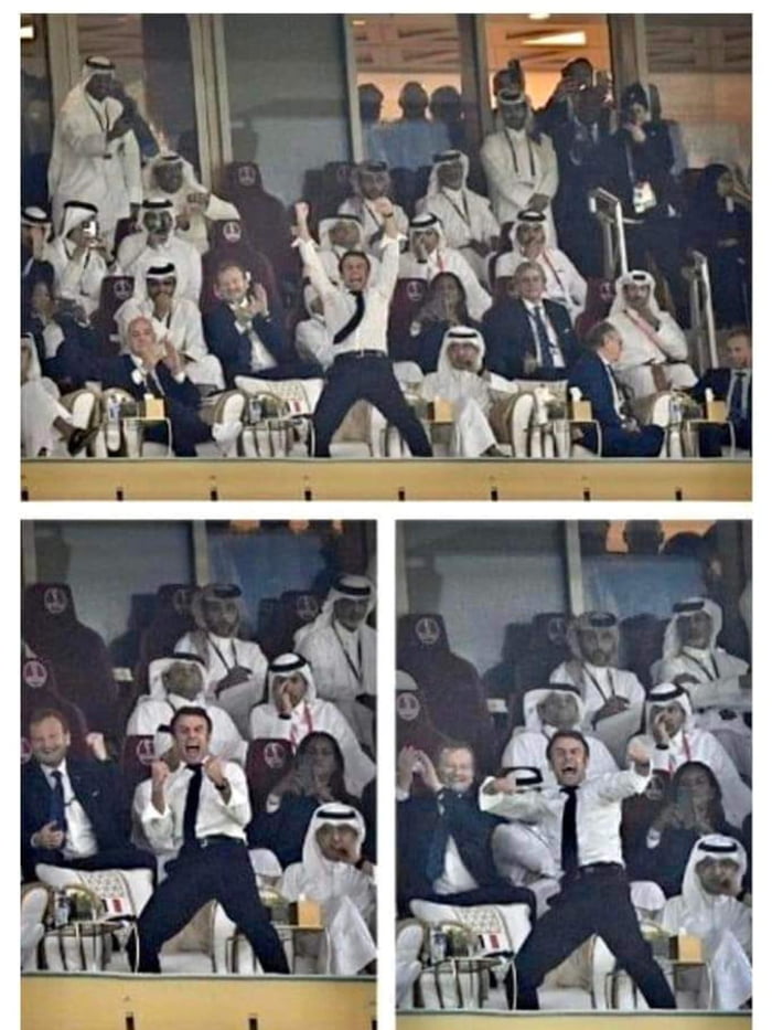 Président Macron looking like the supporting coach from a shounen manga