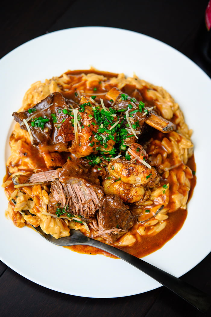 Homemade Beef Short Ribs Over 4 Cheese Mushroom Orzo With Butter Chive homemade-beef-short-ribs-over-4-cheese-mushroom-orzo-with-butter-chive