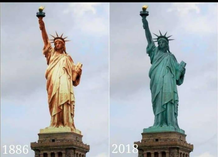 The Statue of Liberty is made of copper but because of oxidation is now