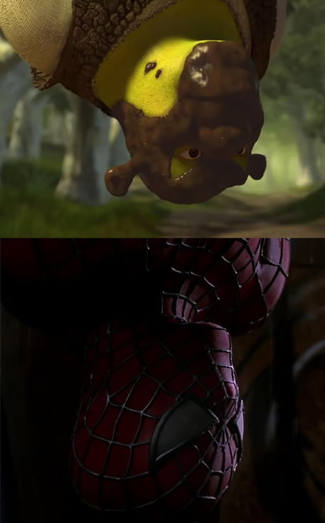In Shrek 2 (2004) when Shrek is ambushed and dipped in mud, the mud forms  the shape of Spider-Man's lenses further referencing the 