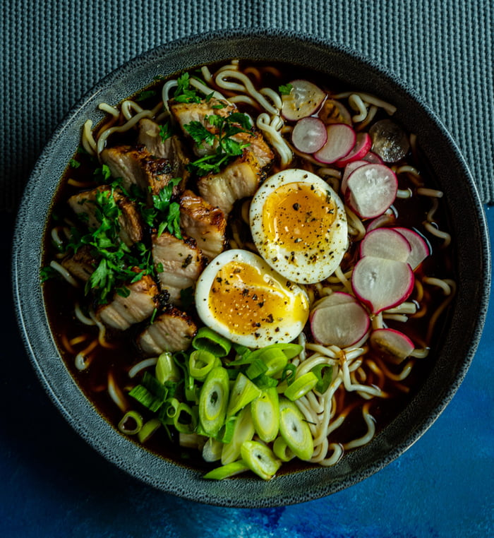 Pork belly ramen with soft boiled egg, radish and spring onion. 9GAG
