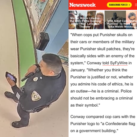 This coward cop during the Uvalde shooting has a Punisher wallpaper on his  phone. Article on the right is an excerpt of an interview with the Punisher  creator. Stop soiling the character. -