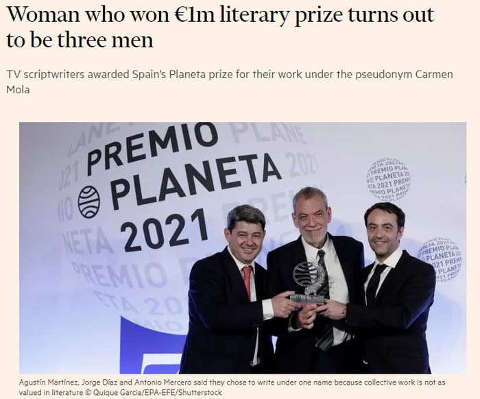 Three men write a book under a female pseudonym and win first prize, jury thought the writer was female