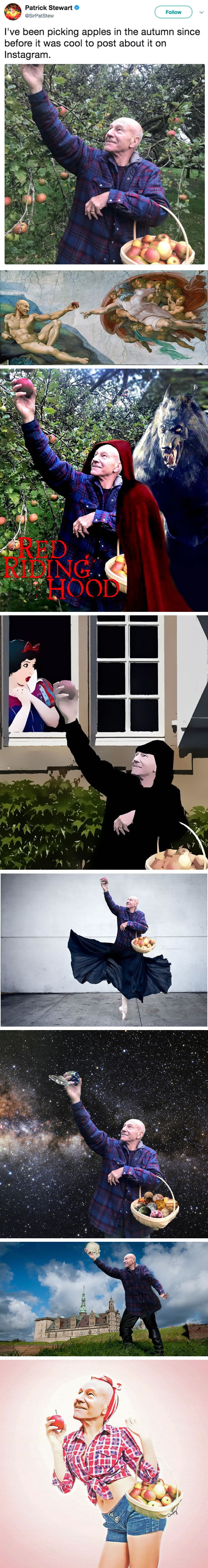 Patrick Stewart’s Joyous Apple-Picking Trip Sparks Glorious Photoshop Battle