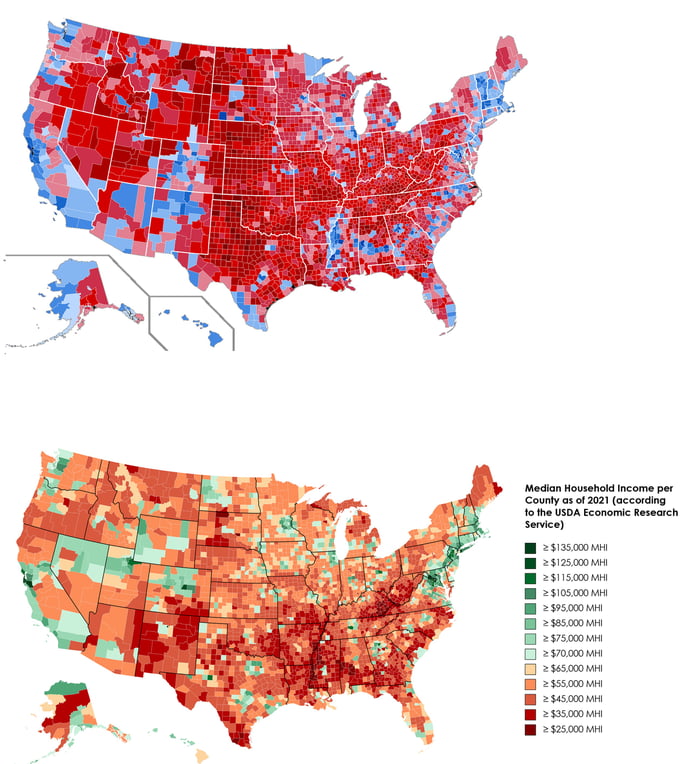 Red and blue counties an their median household 9GAG