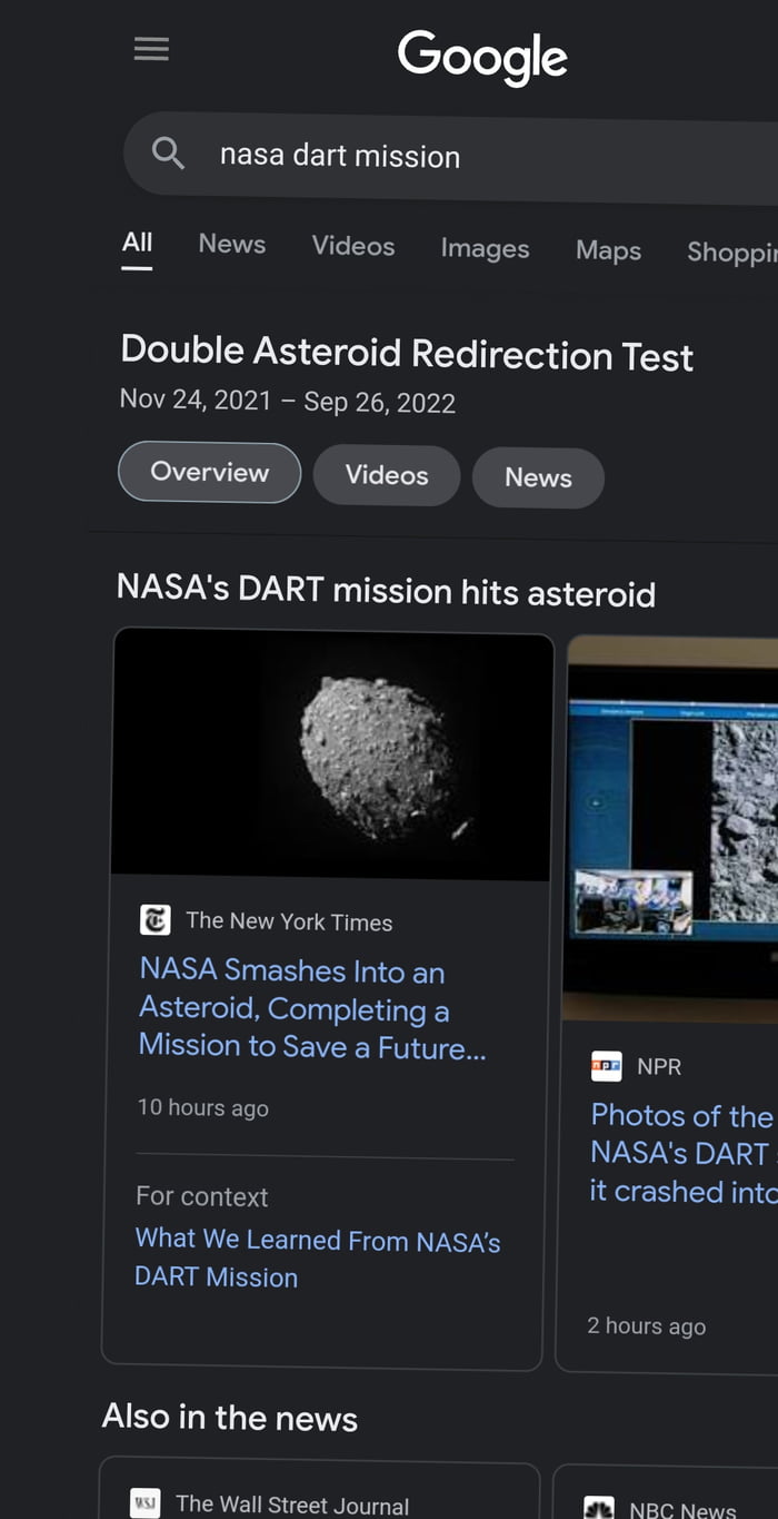 Google easter egg type in nasa dart mission into search bar for it 9gag