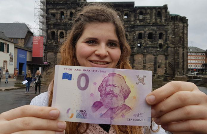 0&euro; note released in Trier, oldest city of Germany to celebrate the 200th birthday of Karl Marx(socialist and philosoph)