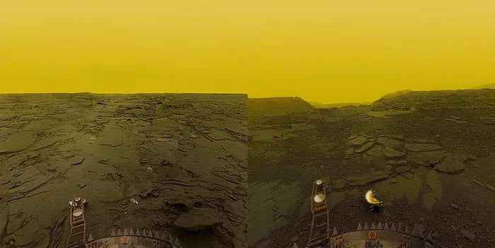 Footage of the surface of Venus from the soviet Venera probe. In 1983 the soviet probe landed on venus making it the first to ever do so. It lasted about 22 minutes before the heat of the planet melted it.