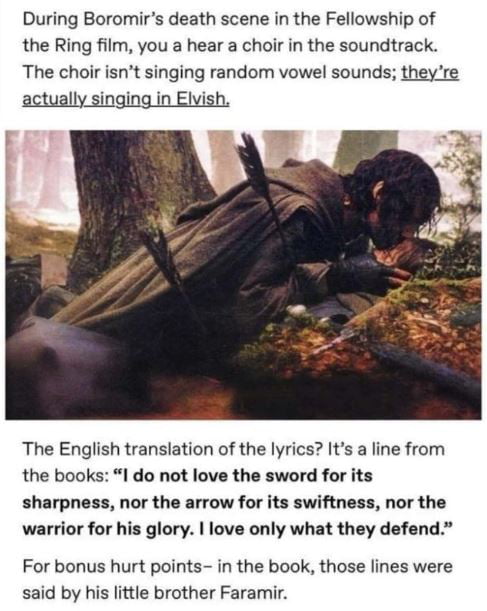 Lord Of The Rings Elvish Song Lyrics An Elvish Song Plays In The Background Of Boromir's Death - 9GAG
