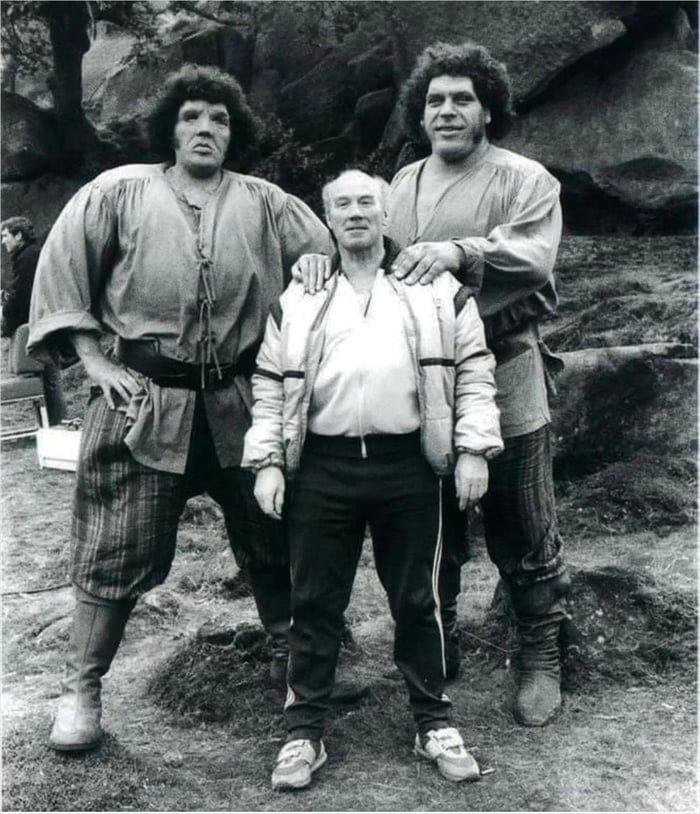 Andre the Giant and his stunt double with stunt coordinator Peter Diamond on the set of 'The Princess Bride' (1987)