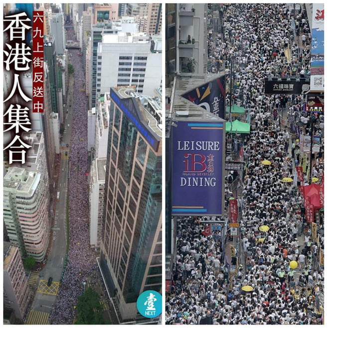 A protest of 1.03 Million People in a city with a population of 7 Million. That means every 1/7 of the people in Hong Kong are protesting for keeping their rights.