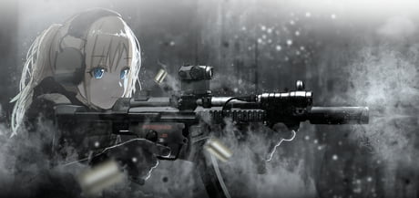 Takina and a Tarkov'd MP5 that's smoking from a suppressor (Art by:  FTE/fifteen_199) : r/LycorisRecoil