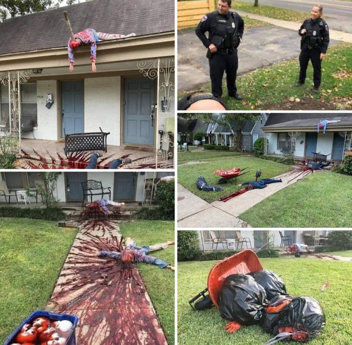 A man from Dallas, Texas, created a Halloween yard display so horrifying that passers-by have called police several times. He has received visits from the police over the decorations that neighbors have complained are too gory and realistic, it looks like a crime scene.