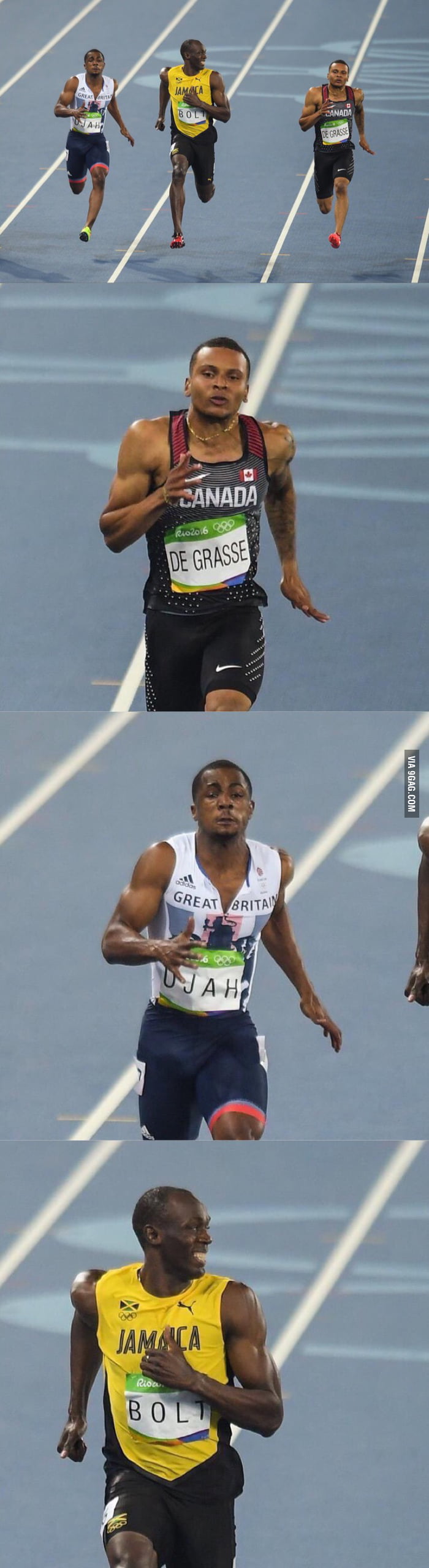 These two dudes spitting out pieces of lungs while Bolt poses for photos.