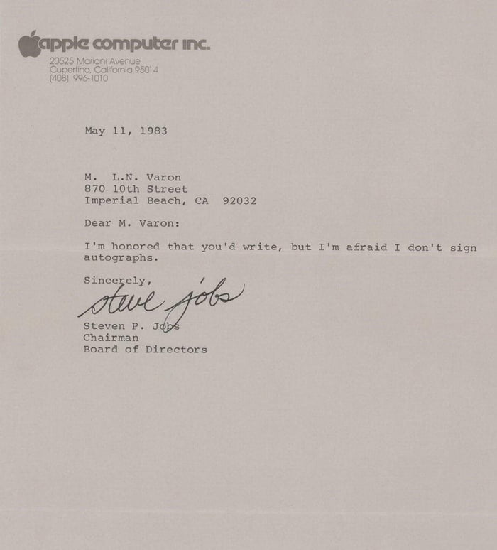In 1983, Steve Jobs typed this reply to a letter asking for his
