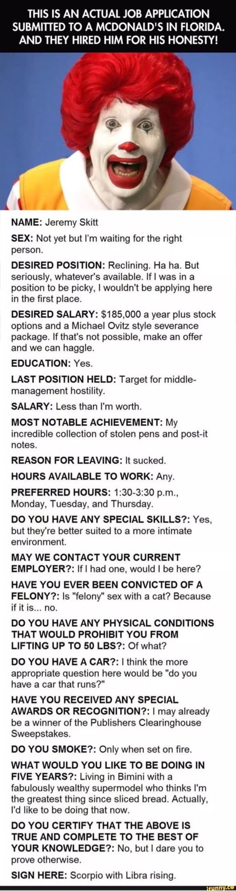 This is an ACTUAL application for a job at McDonalds. Enjoy - 9GAG