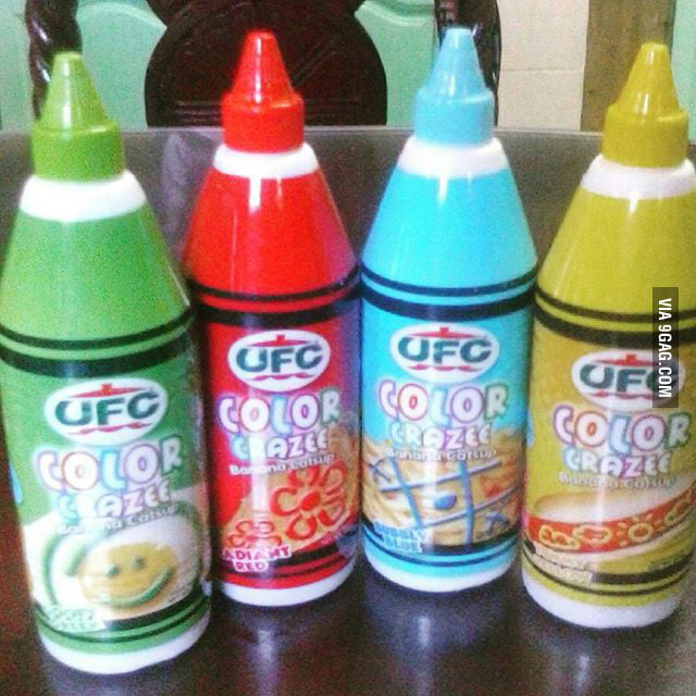 In the philippines they're selling colored ketchup. what a time to be