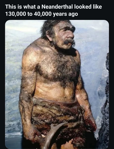 The post features an artistic reconstruction of a Neanderthal man, with a caption humorously comparing the prehistoric figure to the author's Portuguese neighbor. The joke relies on the stereotype or trope of portraying certain nationalities or individuals as 'primitive' or 'caveman-like' for comedic effect. It is a lighthearted, observational type of humor common in online communities, though it uses a generalization about a specific nationality.
