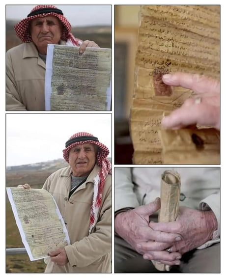 Palestinian farmer holding a 117 years old proof of land ownership that belonged to his grandfather
