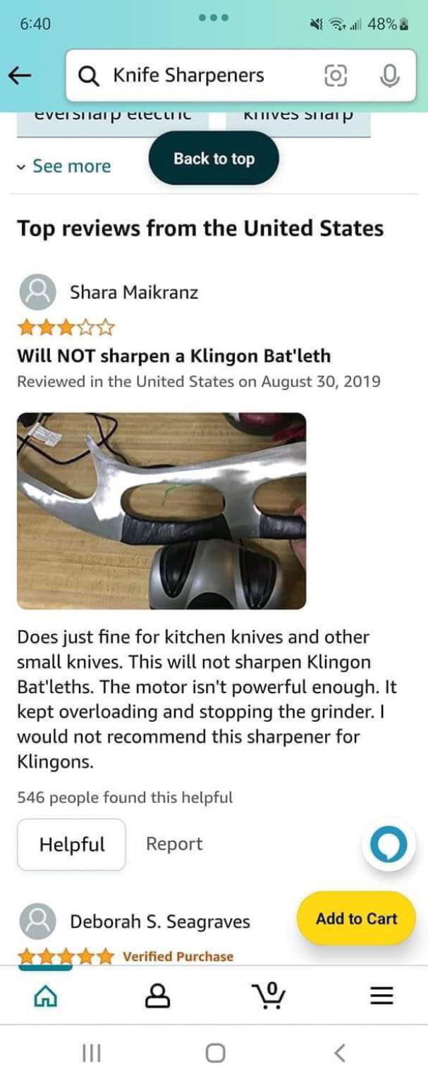 Knife sharpener won’t sharpen a Klingon