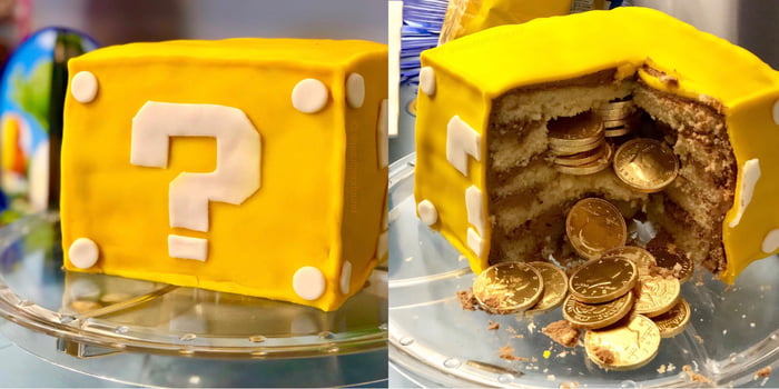 Question Block Cake filled with chocolate coins