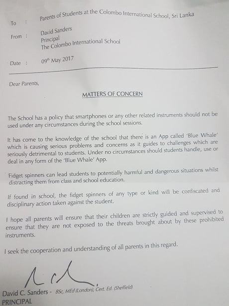 When Your School Sends A Letter Home Warning Parents About The Blue Whale App And Banning Fidget Spinners 9gag