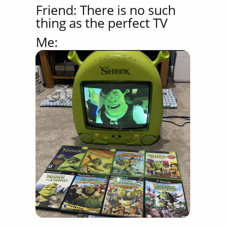 Meme of a bearded shrek with gaming setup