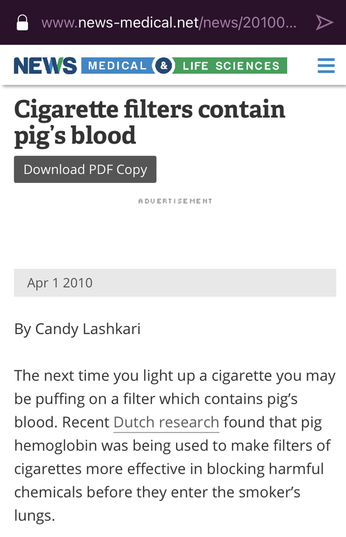 Cigarette filter contain pig blood. Any smoking Muslims here? 9GAG