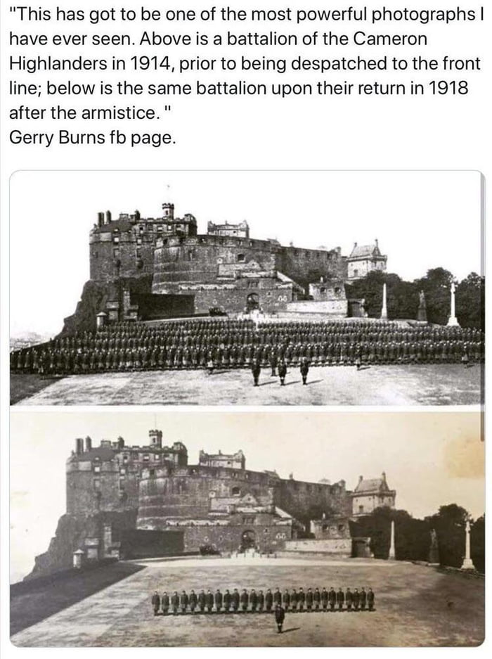 Cameron Highlanders in 1914 before WWI and after upon their return in 1918.