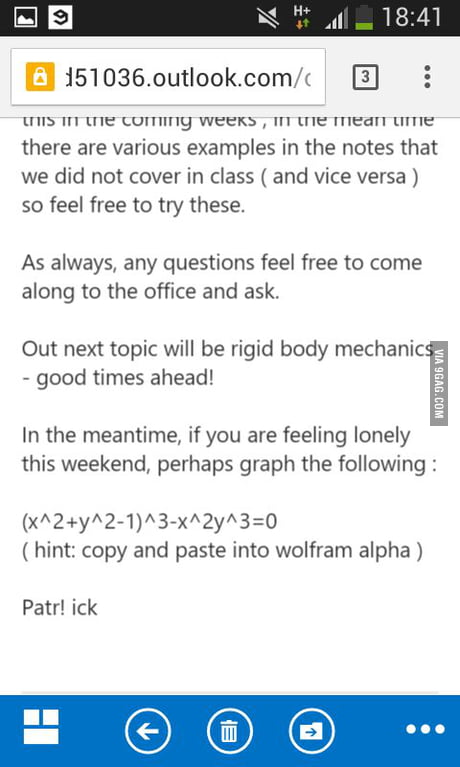 So My Applied Maths Lecturer Emailed Me To Graph This On Valentines Day X 2 Y 2 1 3 X 2y 3 0 9gag
