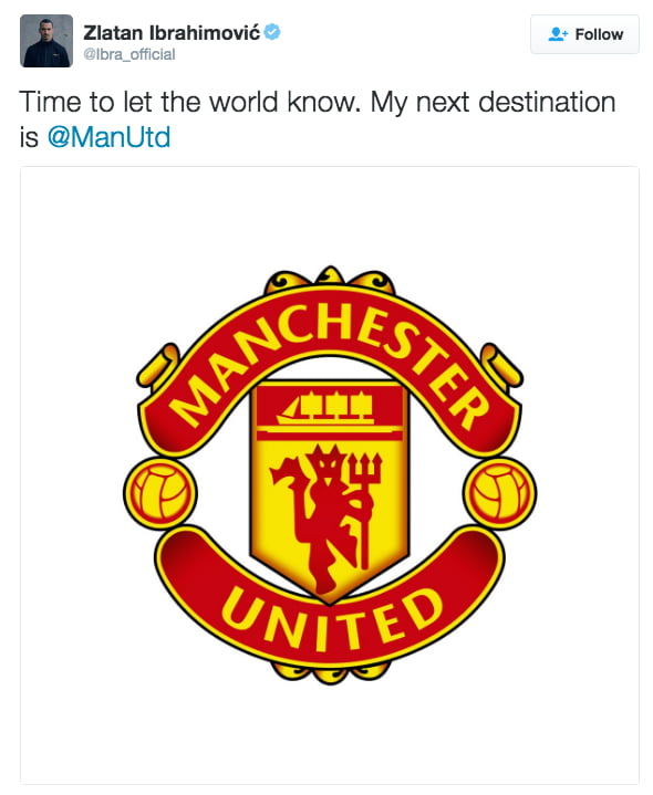 Manchester United doesn't announce the signing of Zlatan: Zlatan announces the signing of United.