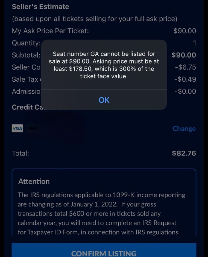 AXS concert ticket resale requiring 300% original price after releasing