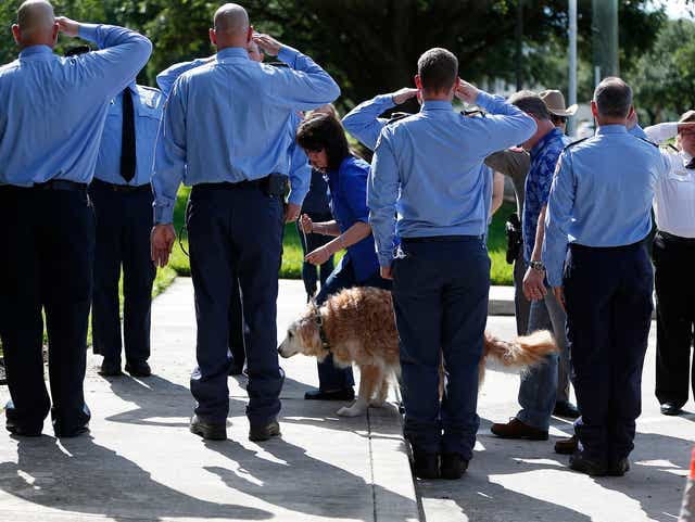 Bretagne, the last 9/11 rescue dog alive, being saluted by firemen outside an animal clinic, moments before she was euthanized. June 6, 2016