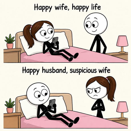 A two-panel comic highlighting a gender-based double standard in relationships. The first panel shows a wife using her phone in bed while her husband looks on smiling, captioned 'Happy wife, happy life'. The second panel shows the roles reversed, with the husband using his phone in bed and the wife looking suspicious and annoyed, captioned 'Happy husband, suspicious wife'. The comic uses simple stick-figure character designs to illustrate common, relatable relationship tropes regarding perceived trust and control.