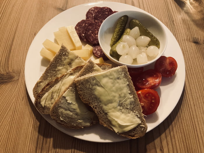 Want to share this with you guys—it might not look like much, but it's 9:45 PM, i got home from work, and my wife had prepared this for me. Deer salami that I made, cheese and butter made by dad on the alp, with bread made by my wife. 20y together and she is still wife material.